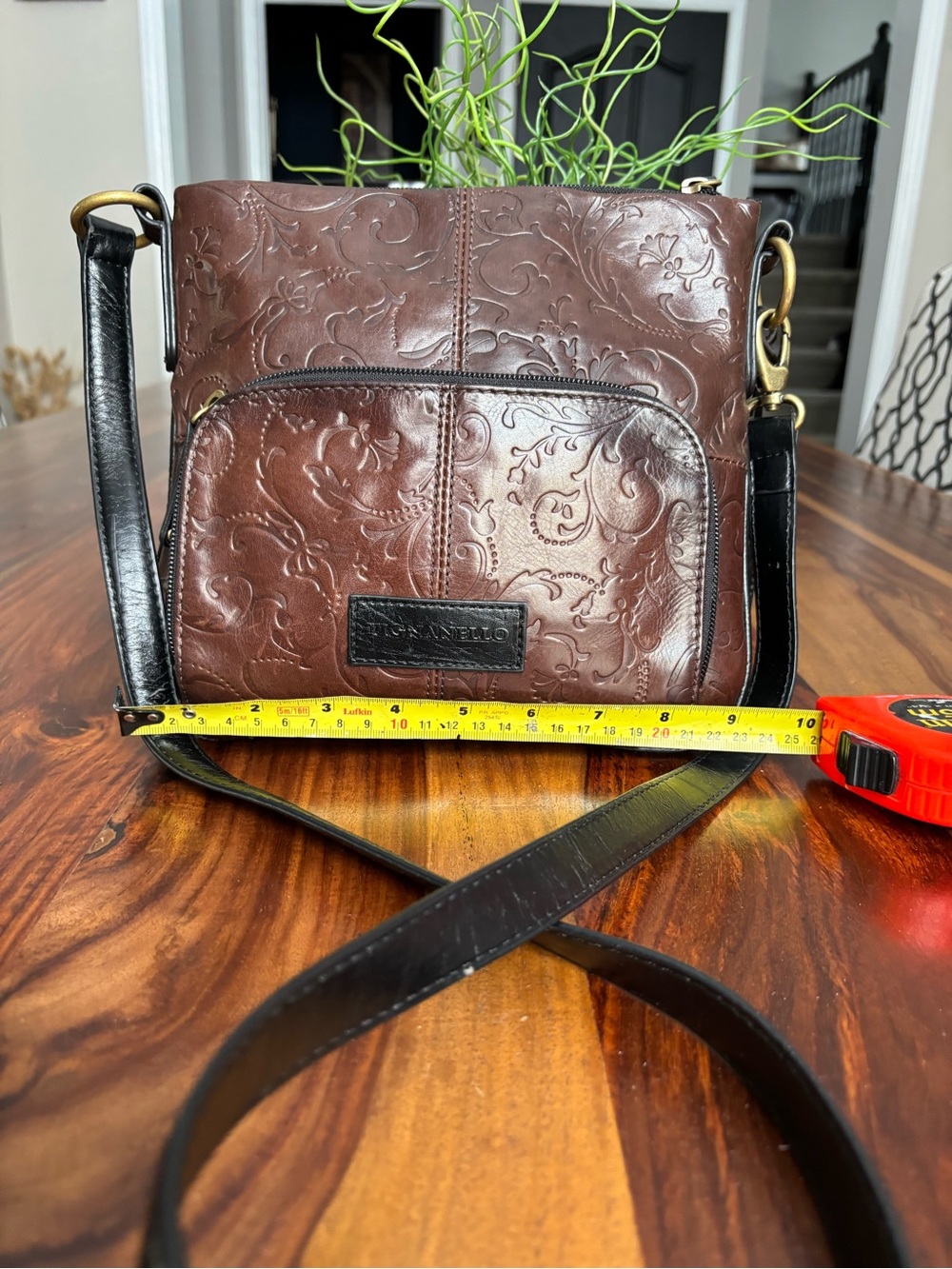 Tignanello Embossed Brown Leather Crossbody Bag - Men